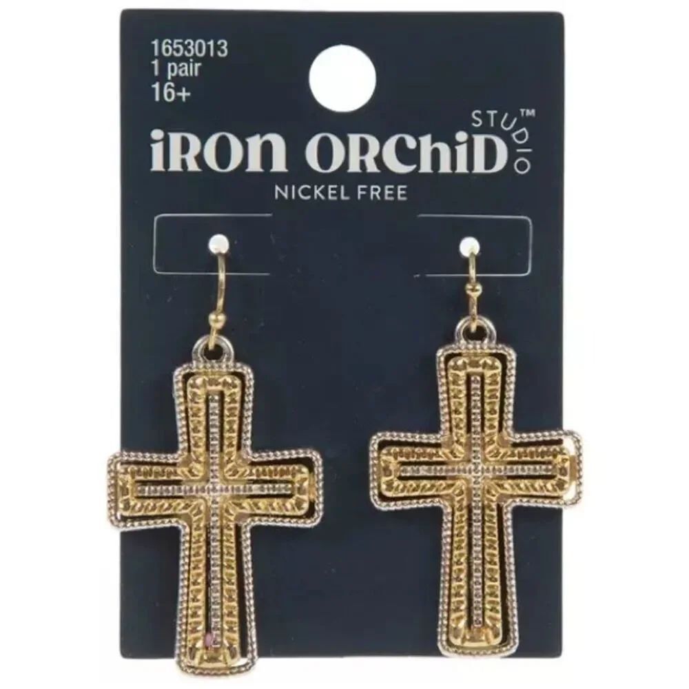 New iRON ORChiD Gold Cross Dangle Earrings
